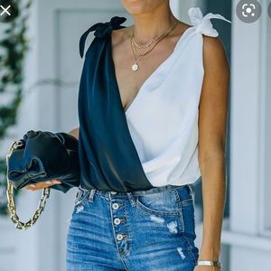 VICI blk/ white satin tie bodysuit- M